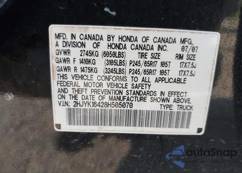 2008 Honda Ridgeline Rts from USA, damaged, VIN 2HJYK16428H505070